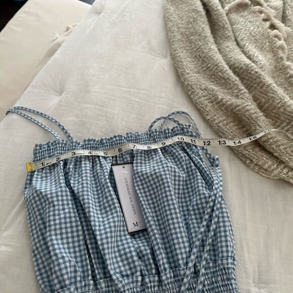 Goodnight Macaroon Gingham Tie Strap Ruffled Romper Blue White - Picture 3 of 7